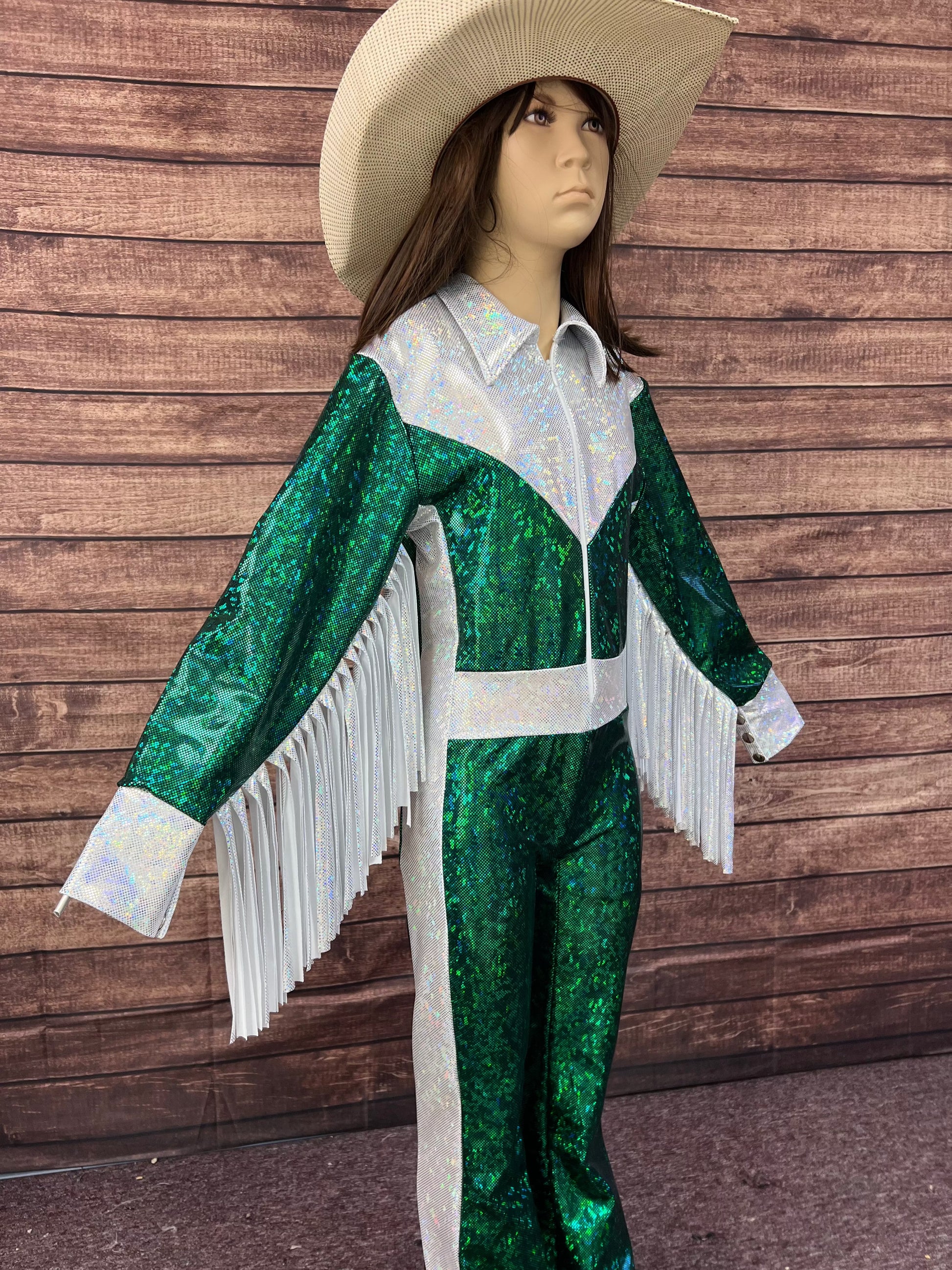 Green and White Kaleidoscope Trick Riding Jumpsuit Riverside Rodeo Shirts 