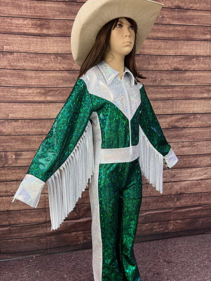 Green and White Kaleidoscope Trick Riding Jumpsuit Riverside Rodeo Shirts 