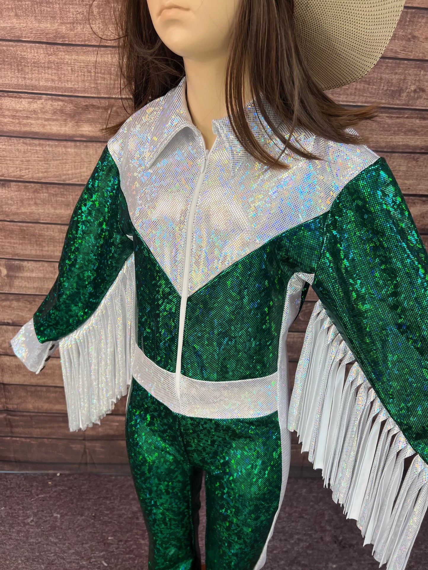 Green and White Kaleidoscope Trick Riding Jumpsuit Riverside Rodeo Shirts 