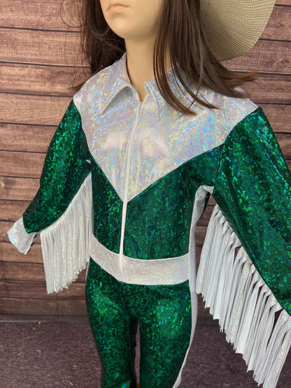 Green and White Kaleidoscope Trick Riding Jumpsuit Riverside Rodeo Shirts 
