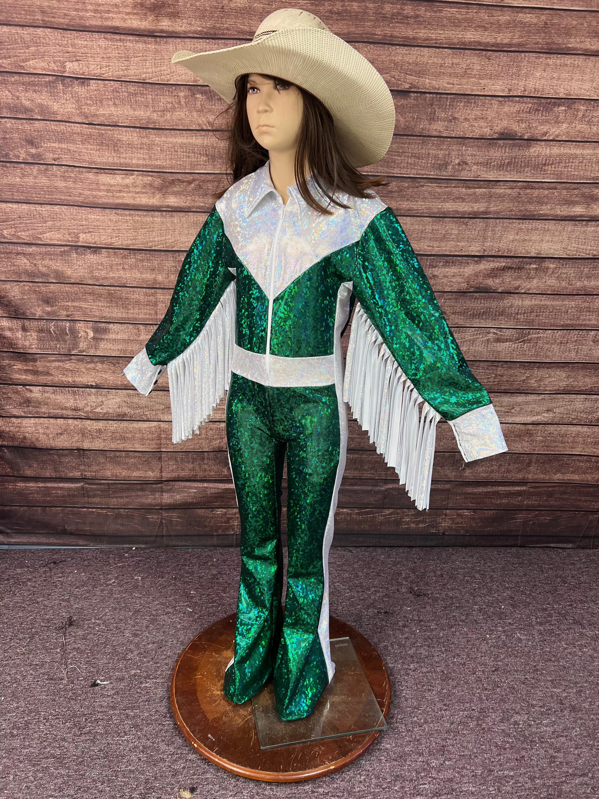 Green and White Kaleidoscope Trick Riding Jumpsuit Riverside Rodeo Shirts 
