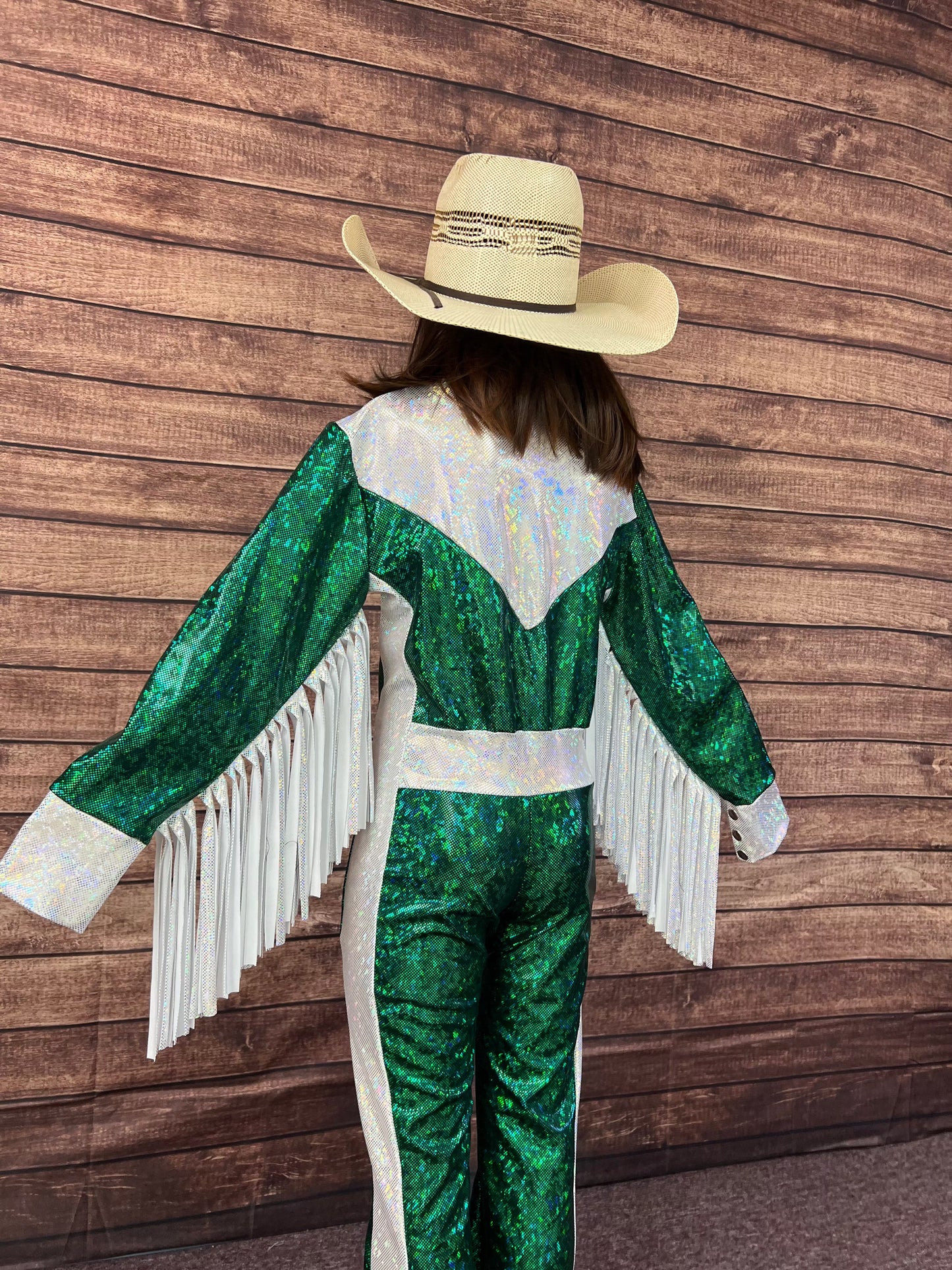 Green and White Kaleidoscope Trick Riding Jumpsuit Riverside Rodeo Shirts 