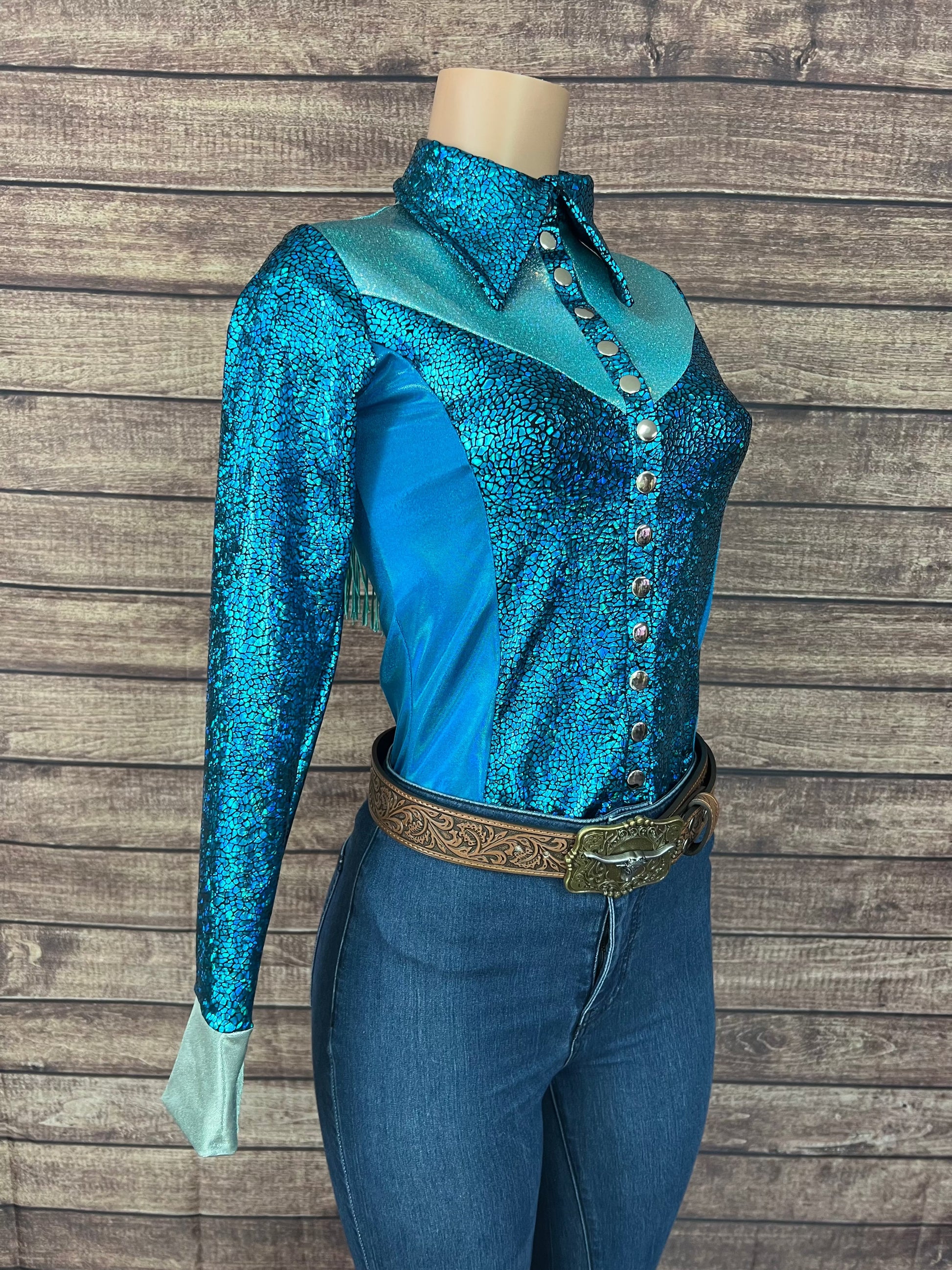 All The Blues Snap Front Rodeo Shirt with Yoke Fringe Rodeo Shirt Riverside Rodeo Shirts 