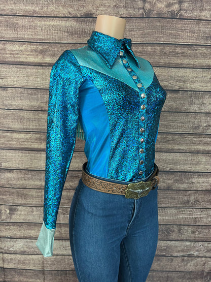 All The Blues Snap Front Rodeo Shirt with Yoke Fringe Rodeo Shirt Riverside Rodeo Shirts 