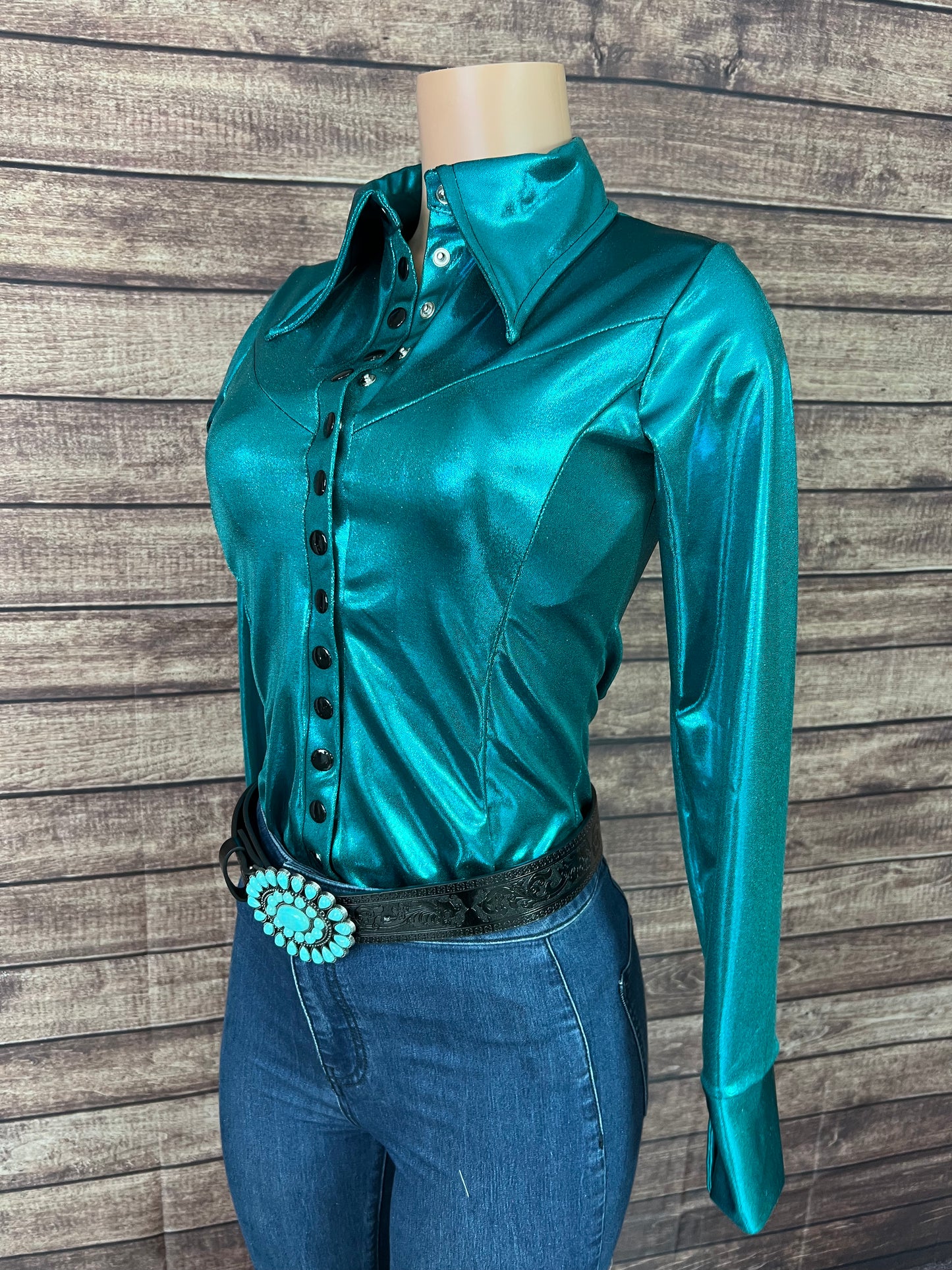 Teal Metallic Snap Front Rodeo Shirt