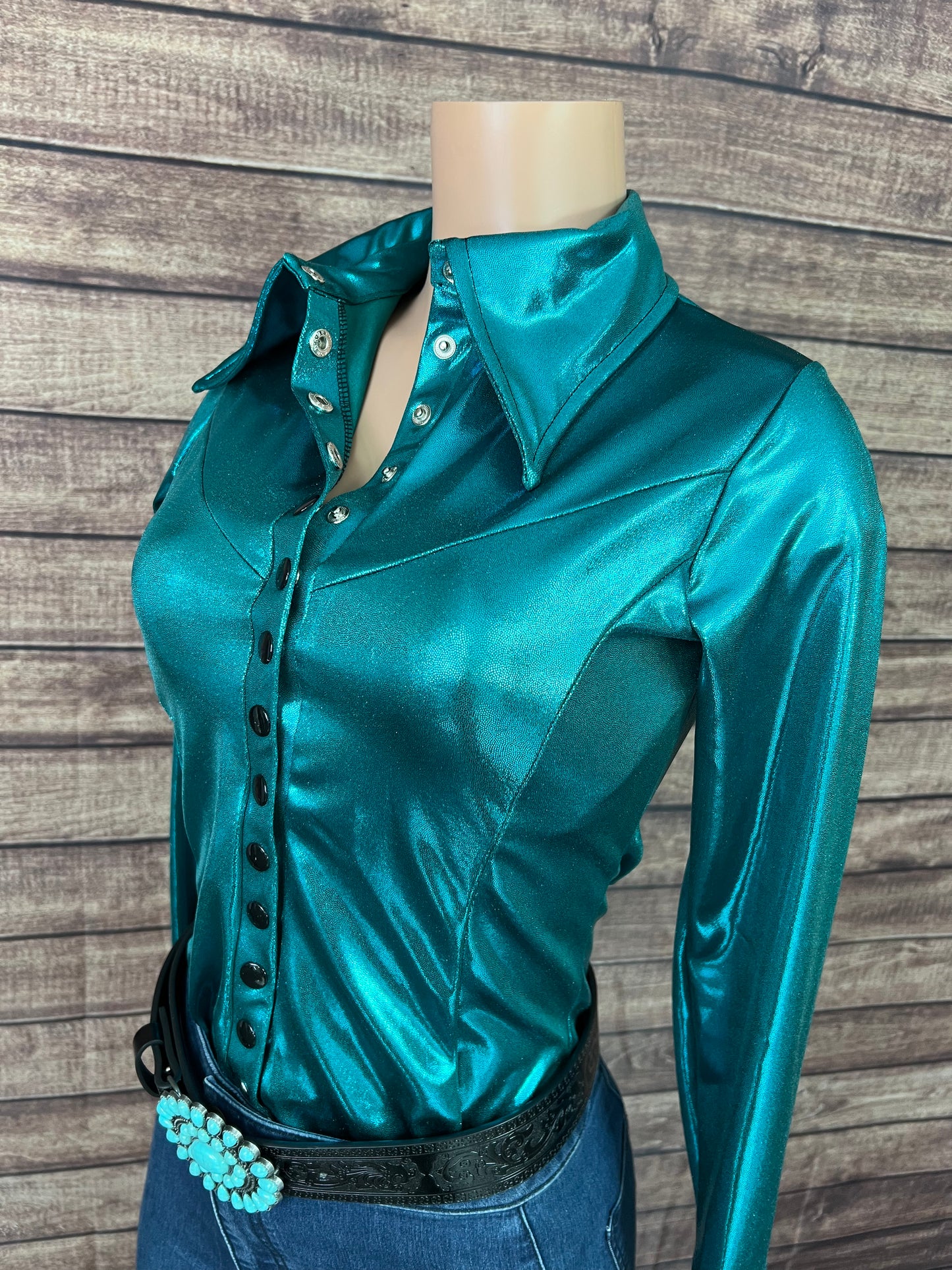 Teal Metallic Snap Front Rodeo Shirt