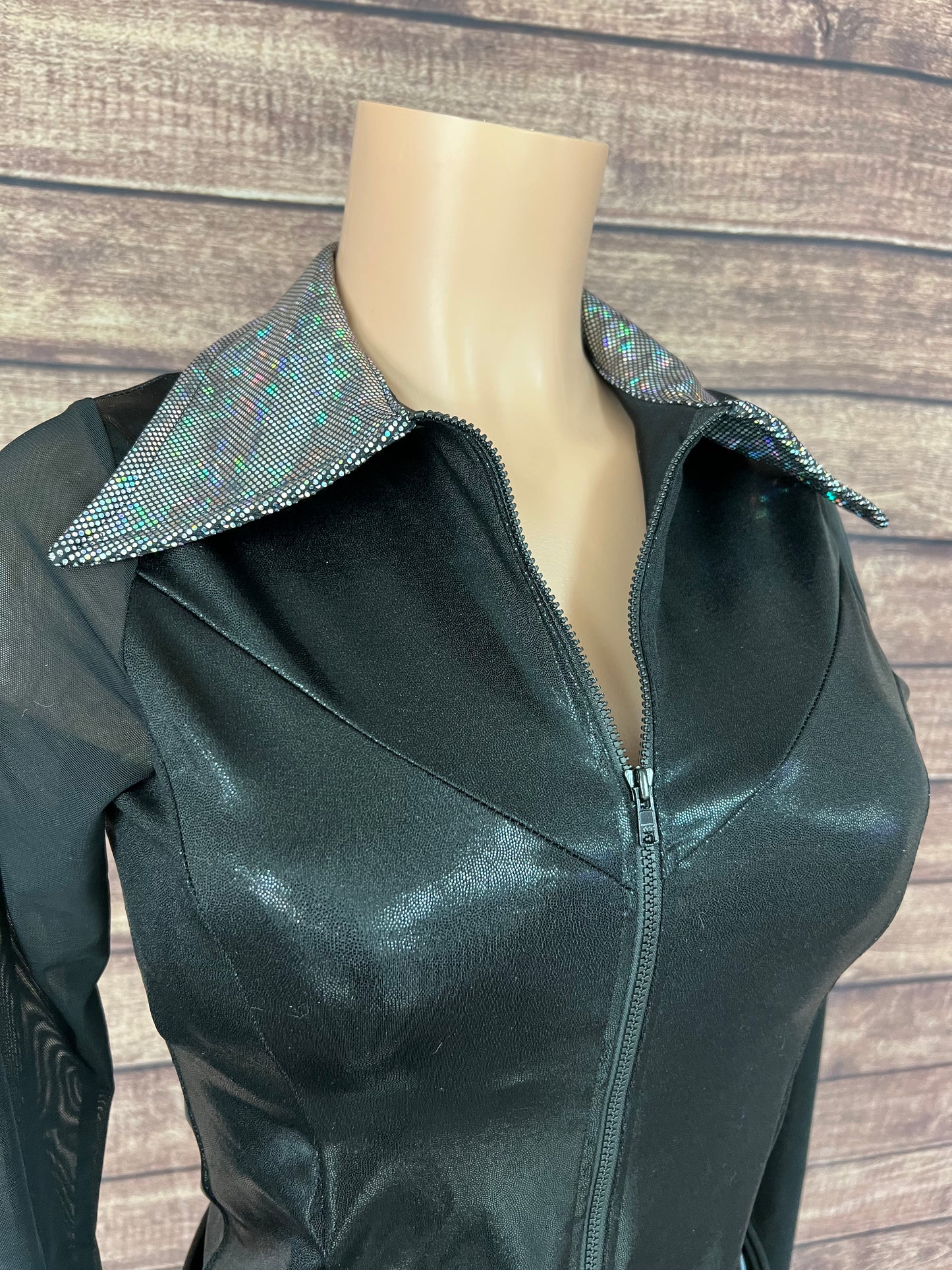 Black Mystique Mesh Sleeve Zipper Front Rodeo Shirt