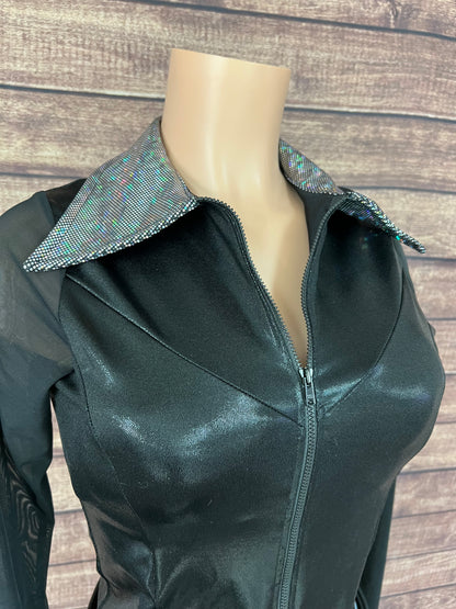 Black Mystique Mesh Sleeve Zipper Front Rodeo Shirt