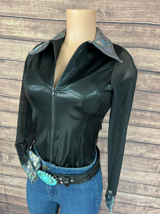 Black Mystique Mesh Sleeve Zipper Front Rodeo Shirt