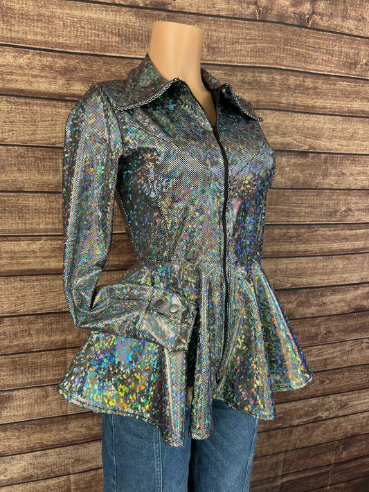 Zipper Front Peplum Shirt in Silver Kaleidoscope