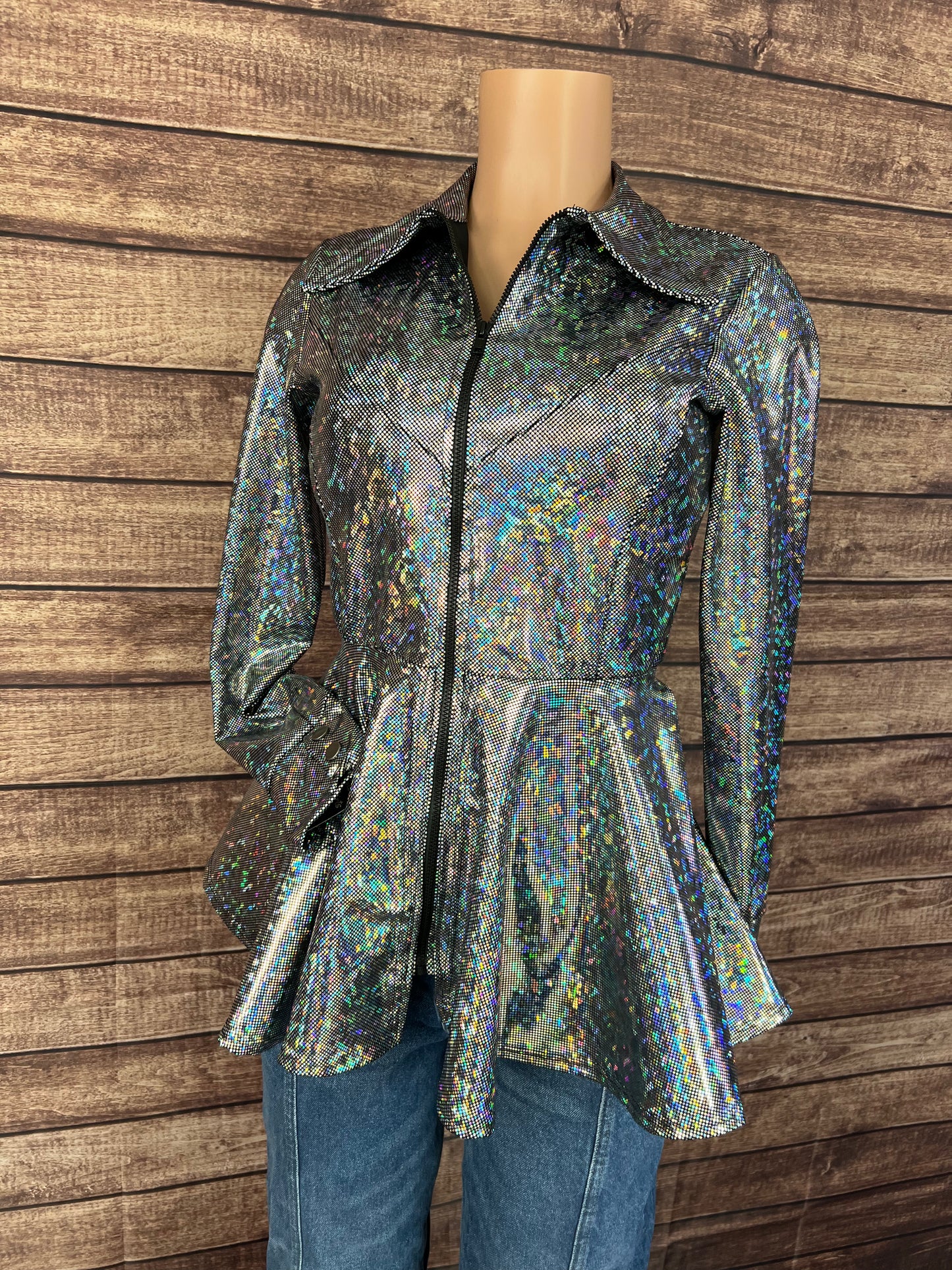 Zipper Front Peplum Shirt in Silver Kaleidoscope