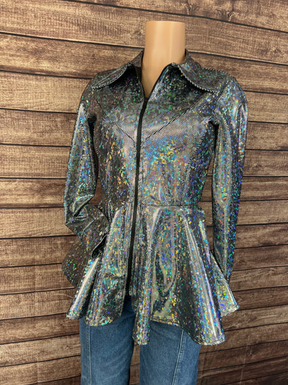 Zipper Front Peplum Shirt in Silver Kaleidoscope