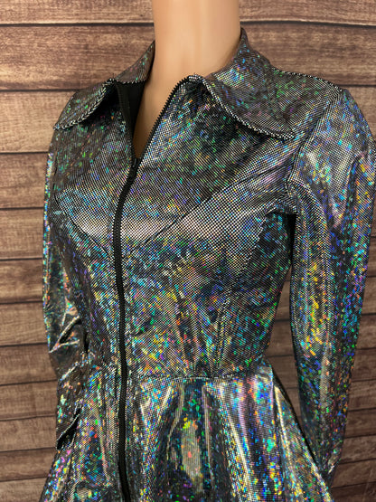 Zipper Front Peplum Shirt in Silver Kaleidoscope