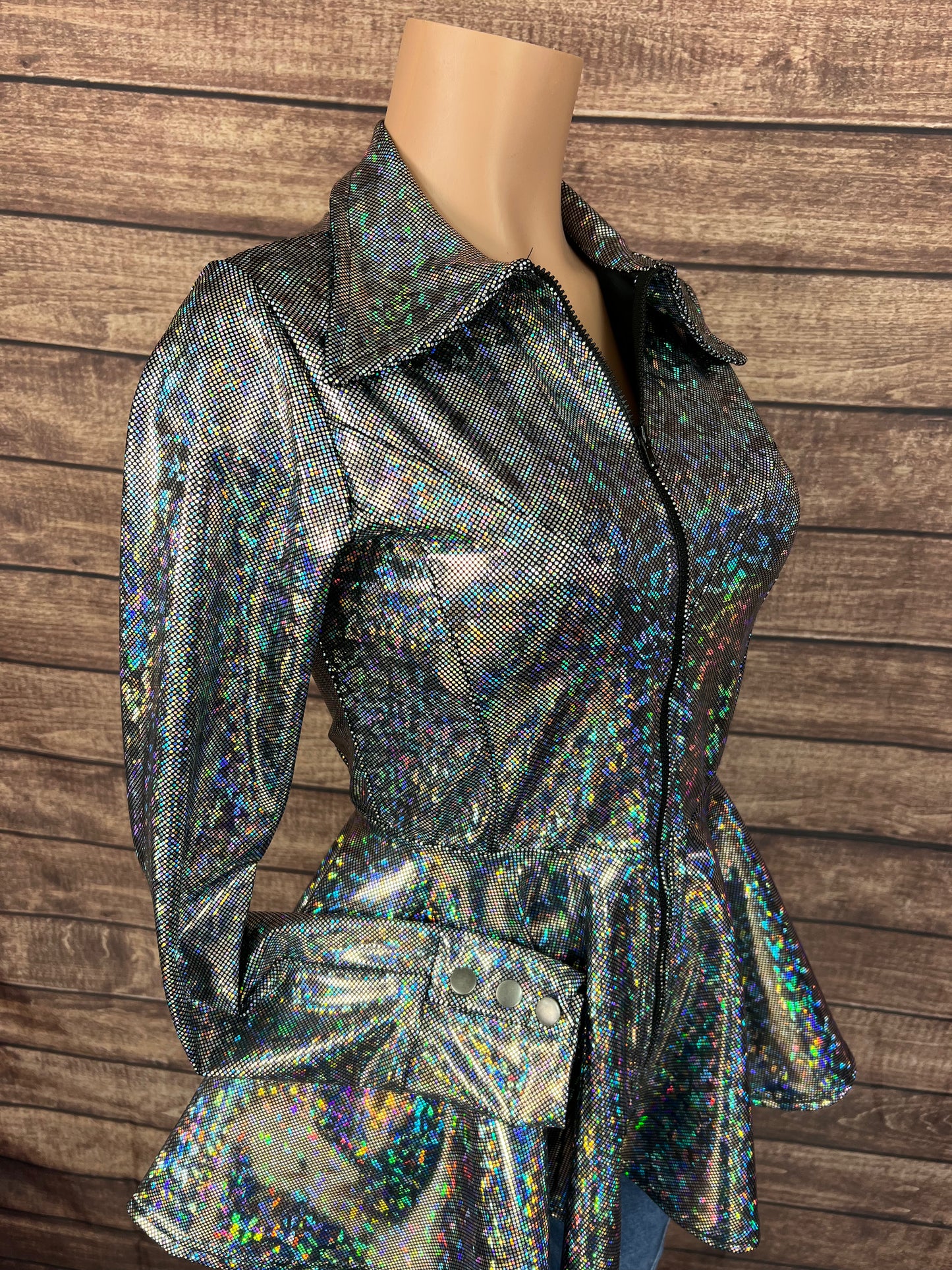 Zipper Front Peplum Shirt in Silver Kaleidoscope