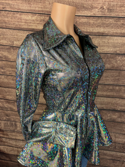 Zipper Front Peplum Shirt in Silver Kaleidoscope