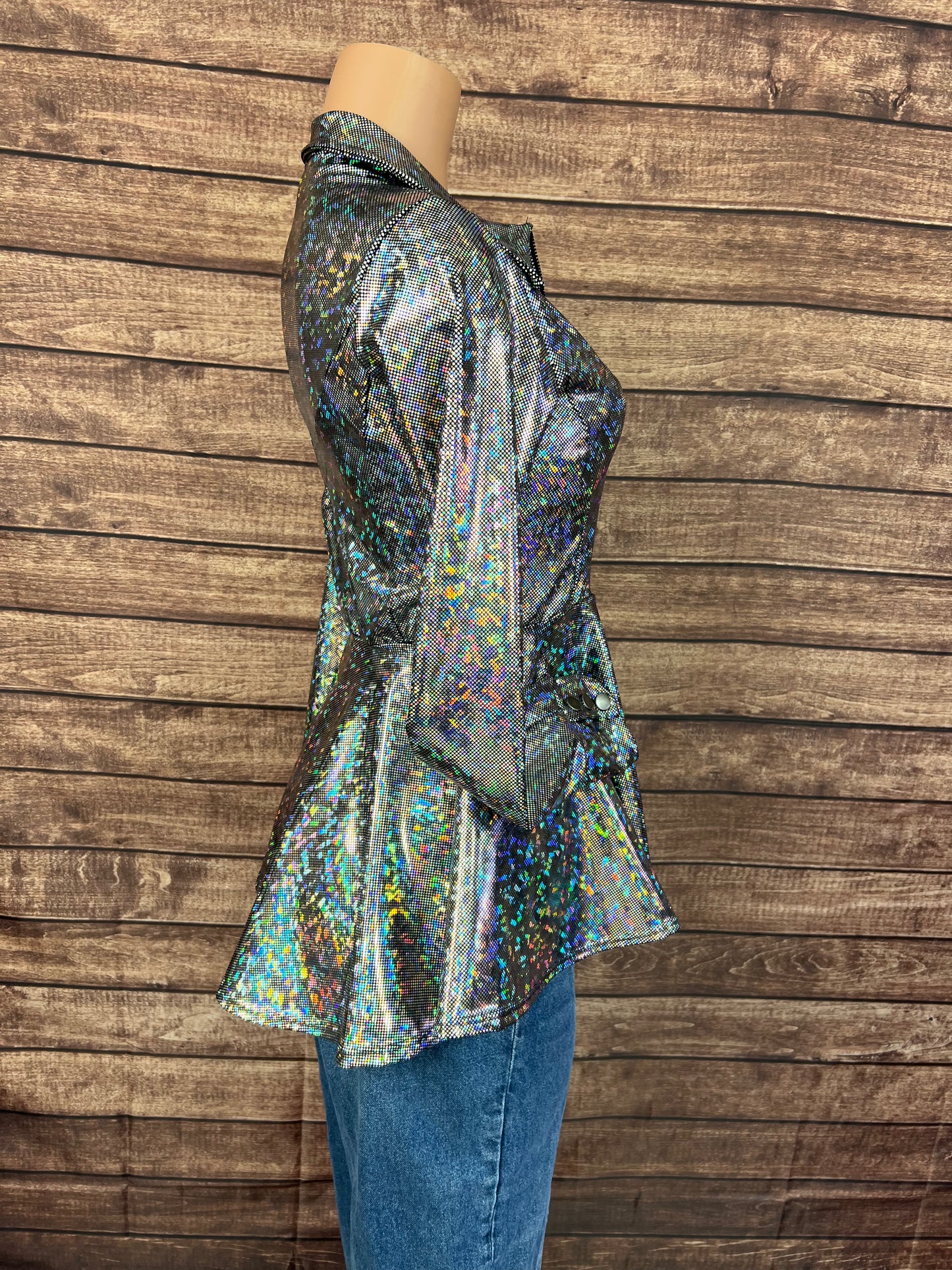 Zipper Front Peplum Shirt in Silver Kaleidoscope