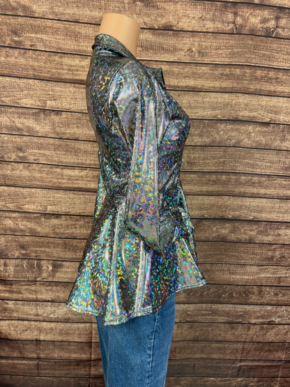 Zipper Front Peplum Shirt in Silver Kaleidoscope