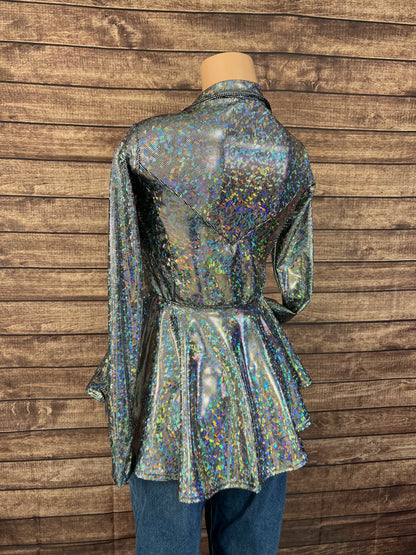 Zipper Front Peplum Shirt in Silver Kaleidoscope