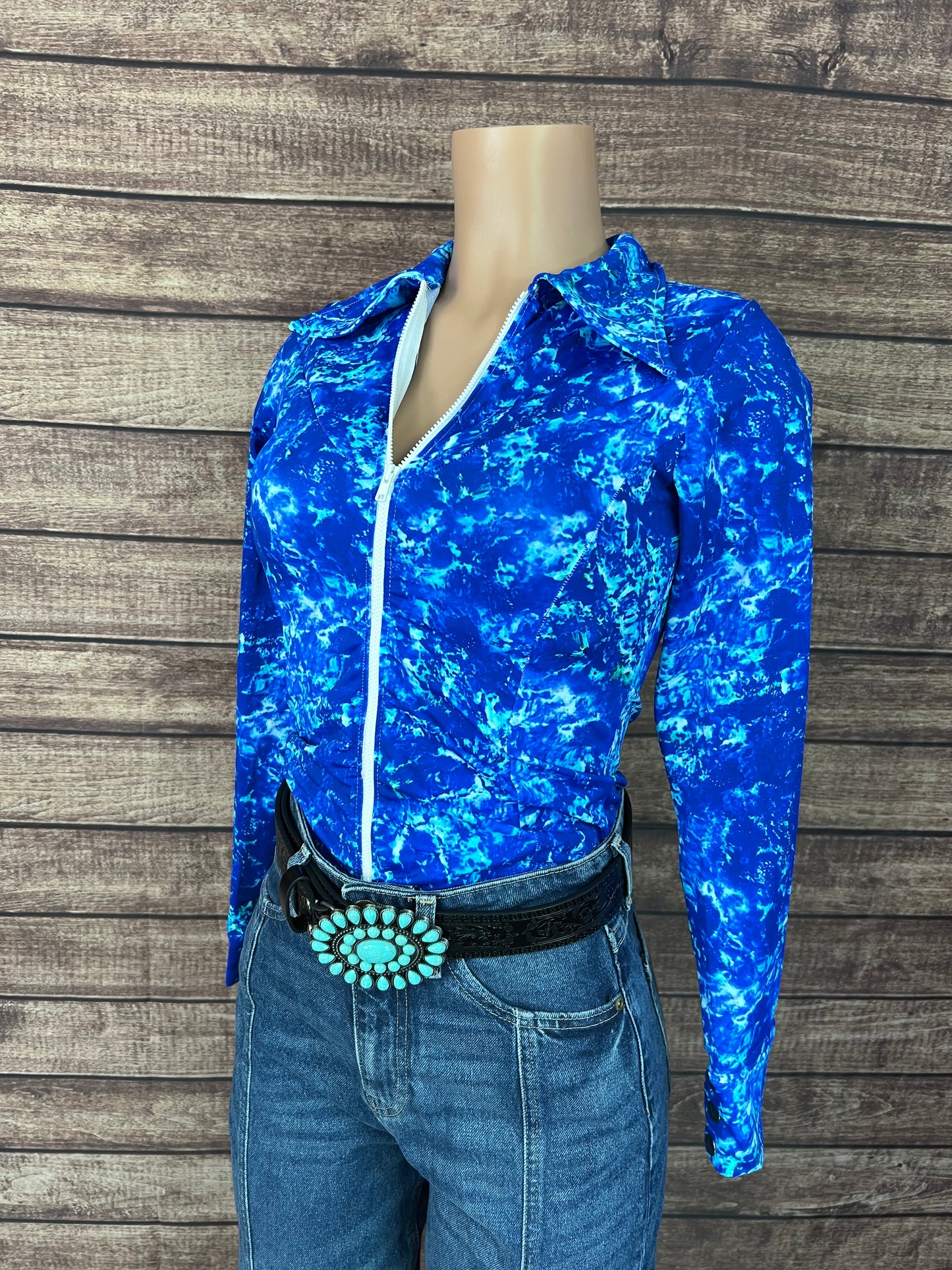 Ready To Ship SMALL Turquoise Tidepool Zipper Front Rodeo Shirt