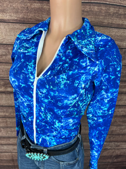 Ready To Ship SMALL Turquoise Tidepool Zipper Front Rodeo Shirt