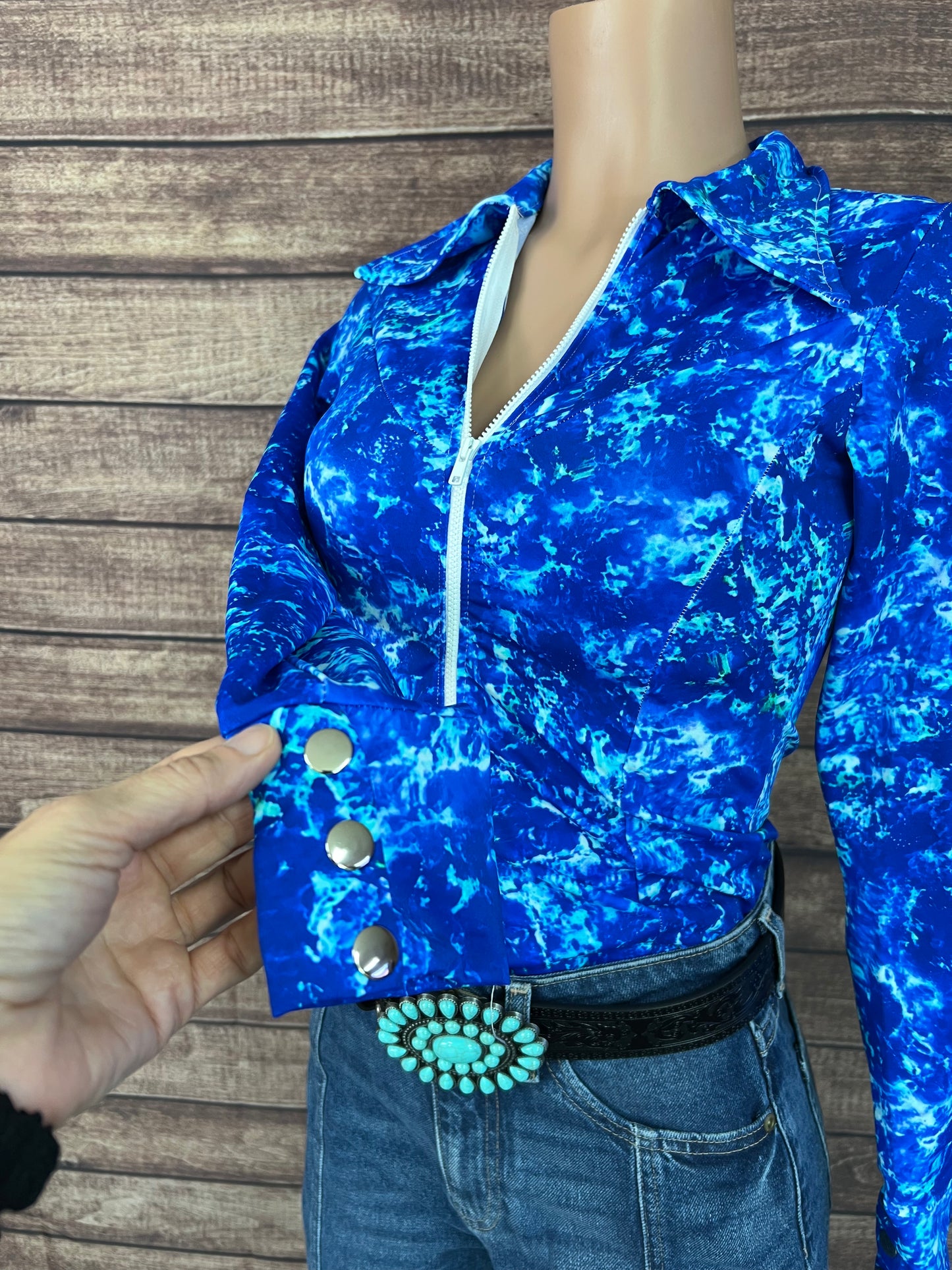 Ready To Ship SMALL Turquoise Tidepool Zipper Front Rodeo Shirt