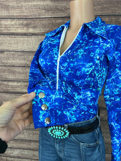 Ready To Ship SMALL Turquoise Tidepool Zipper Front Rodeo Shirt