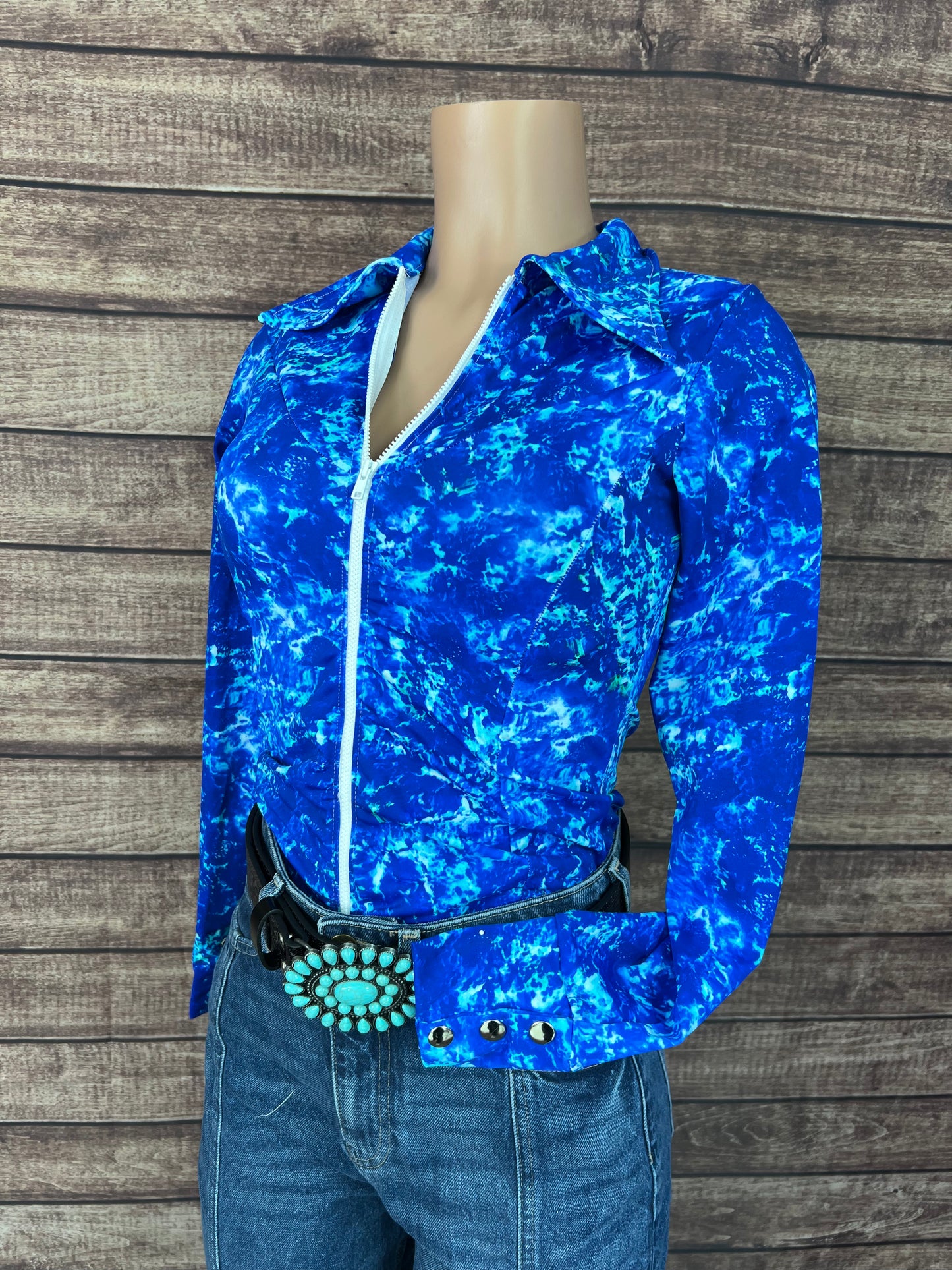 Ready To Ship SMALL Turquoise Tidepool Zipper Front Rodeo Shirt