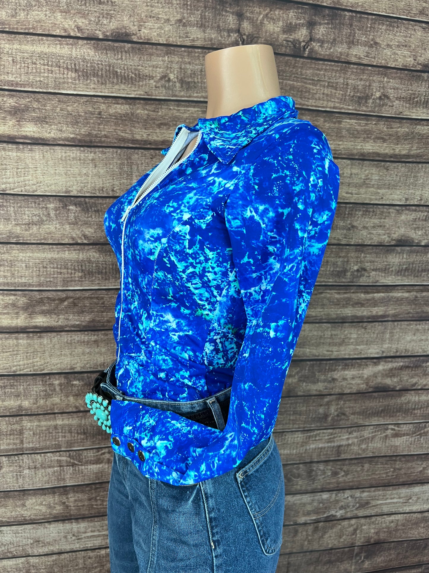 Ready To Ship SMALL Turquoise Tidepool Zipper Front Rodeo Shirt