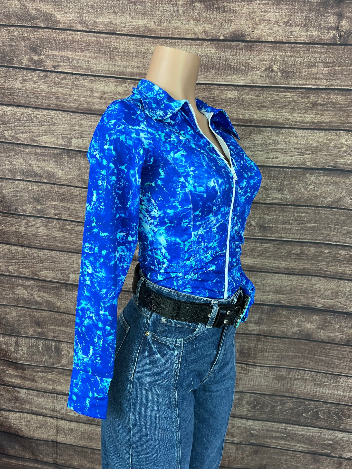Ready To Ship SMALL Turquoise Tidepool Zipper Front Rodeo Shirt