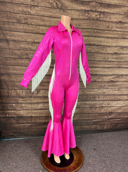 Neon Pink and White Fringed Trick Rider Jumpsuit
