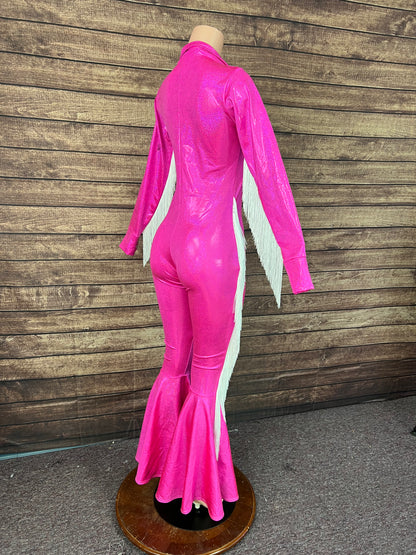 Neon Pink and White Fringed Trick Rider Jumpsuit