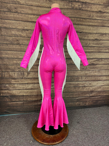 Neon Pink and White Fringed Trick Rider Jumpsuit