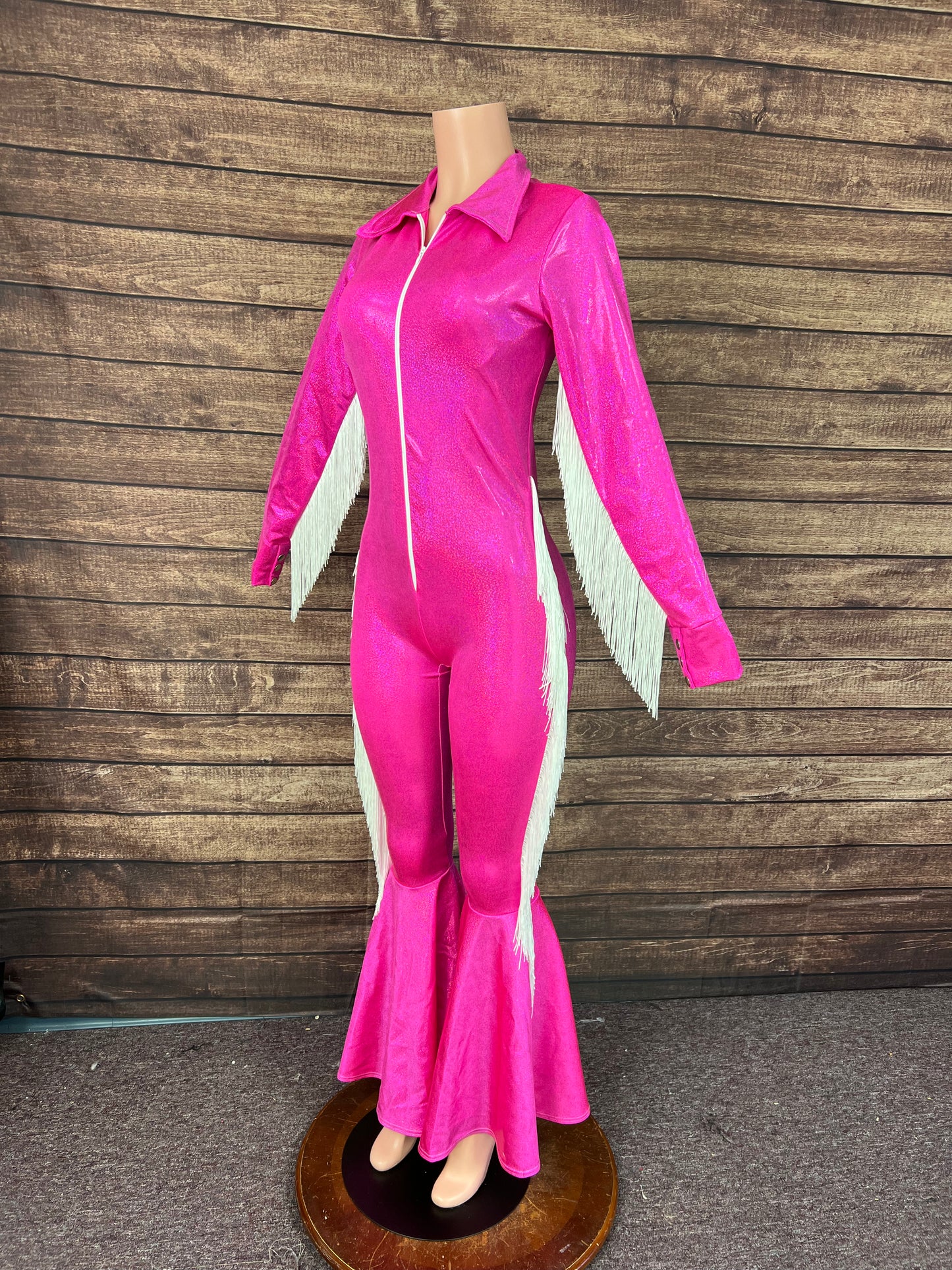 Neon Pink and White Fringed Trick Rider Jumpsuit