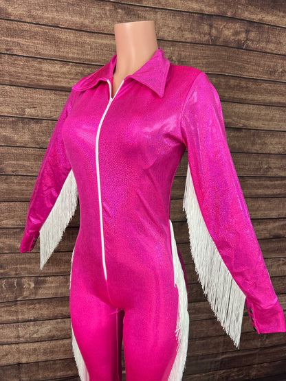 Neon Pink and White Fringed Trick Rider Jumpsuit