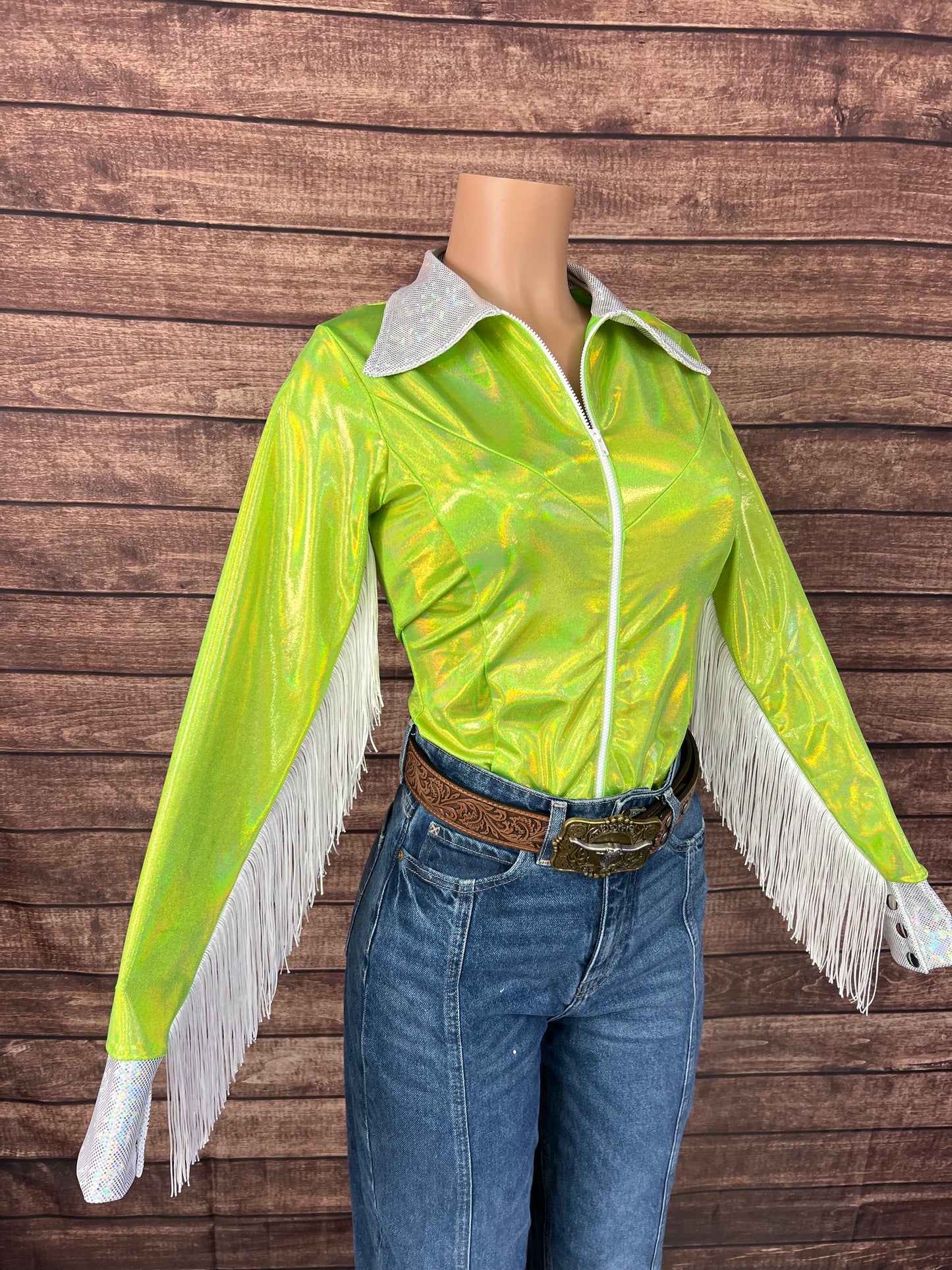 Neon Lime Green Zipper Front Rodeo Shirt
