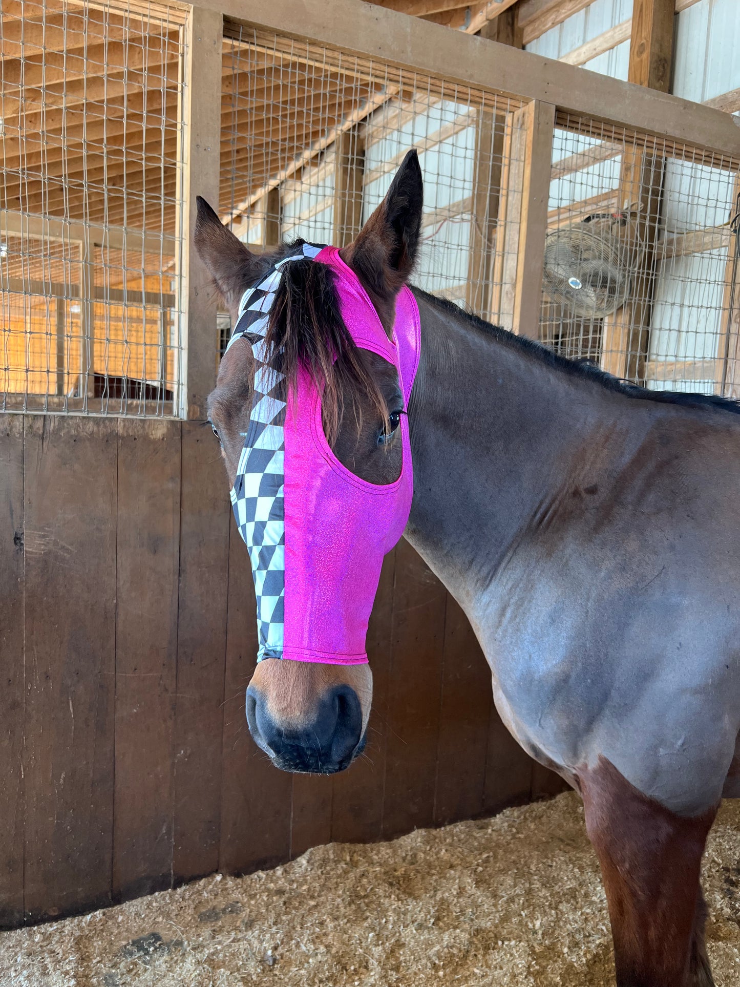 Neon Pink and Diamond Spandex Face Mask for Horses