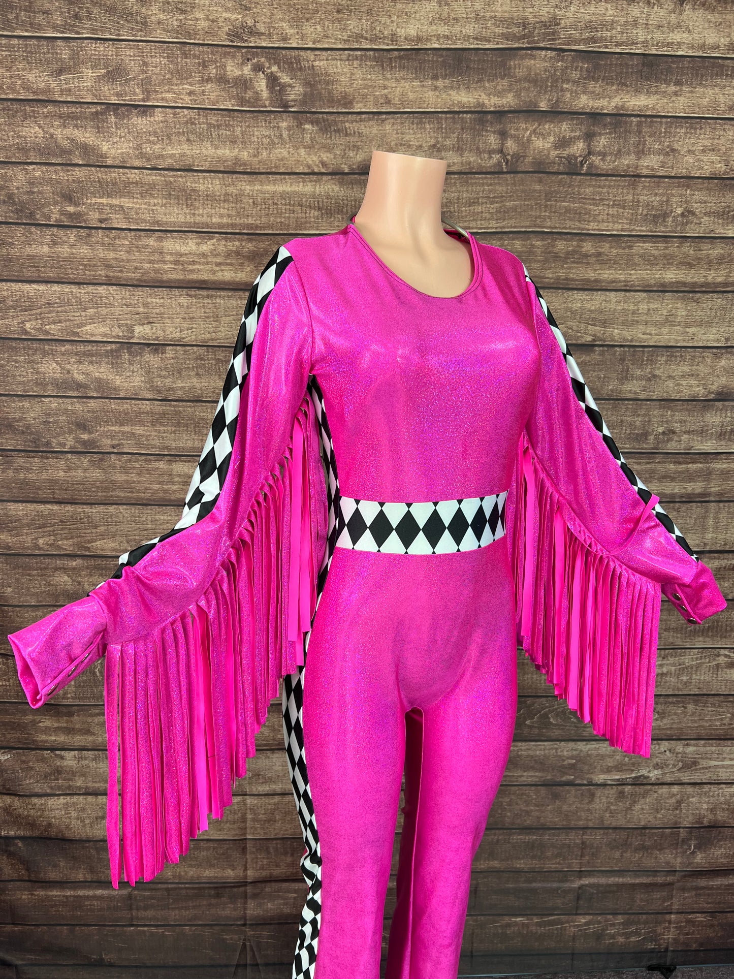 Neon Pink and Diamond Thunderbird Fringed Trick Rider Jumpsuit