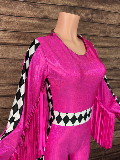 Neon Pink and Diamond Thunderbird Fringed Trick Rider Jumpsuit