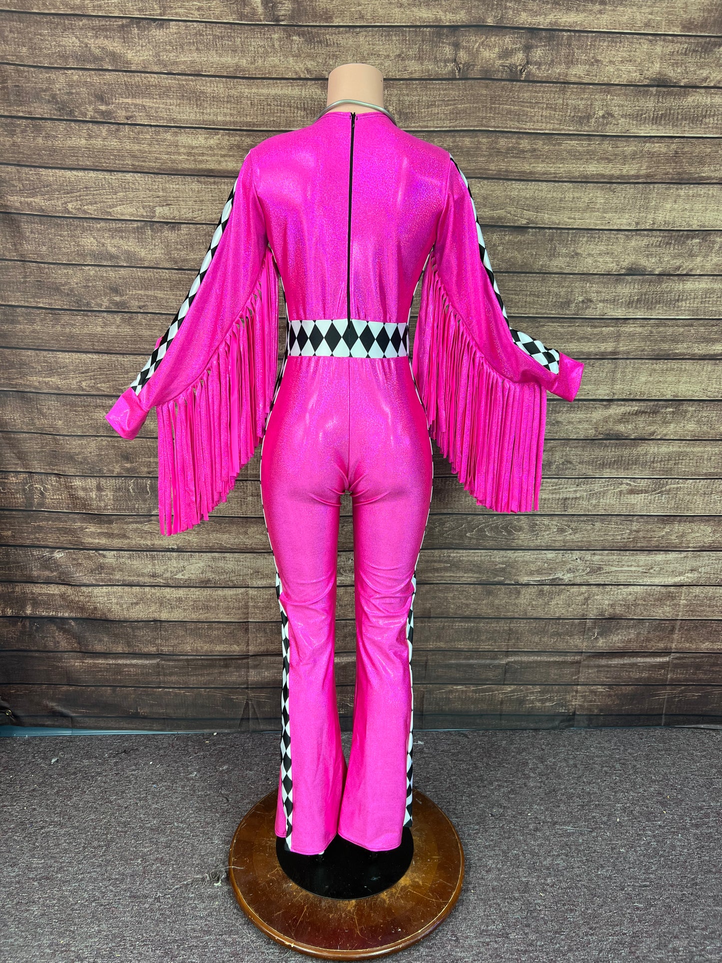 Neon Pink and Diamond Thunderbird Fringed Trick Rider Jumpsuit