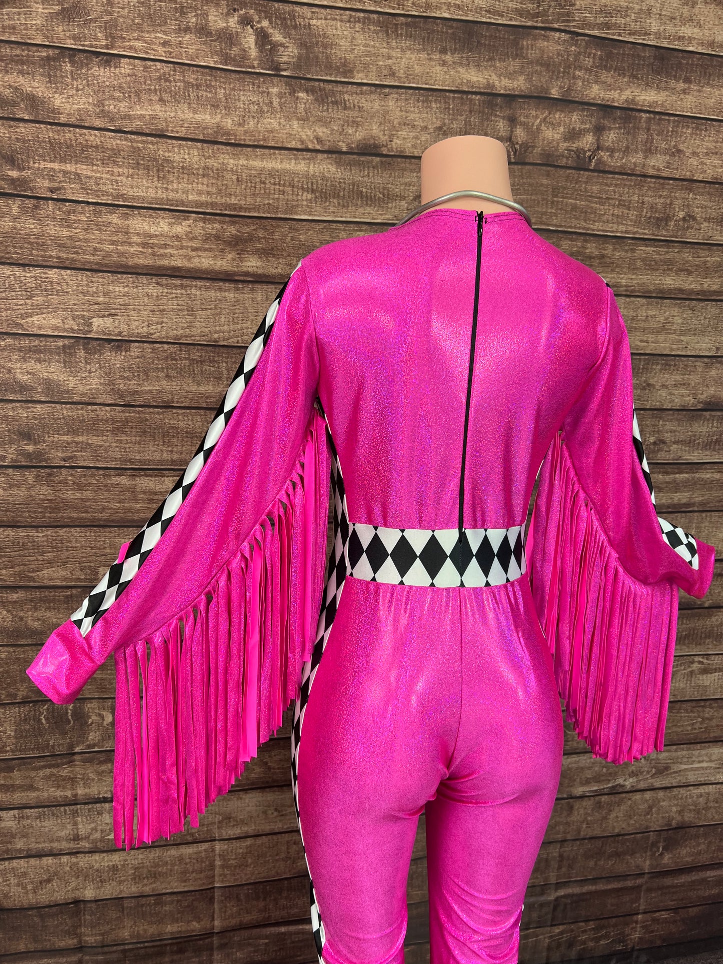 Neon Pink and Diamond Thunderbird Fringed Trick Rider Jumpsuit