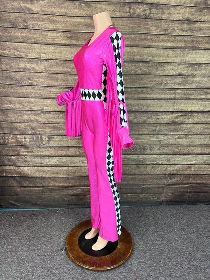 Neon Pink and Diamond Thunderbird Fringed Trick Rider Jumpsuit
