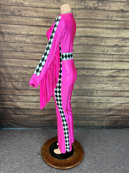 Neon Pink and Diamond Thunderbird Fringed Trick Rider Jumpsuit