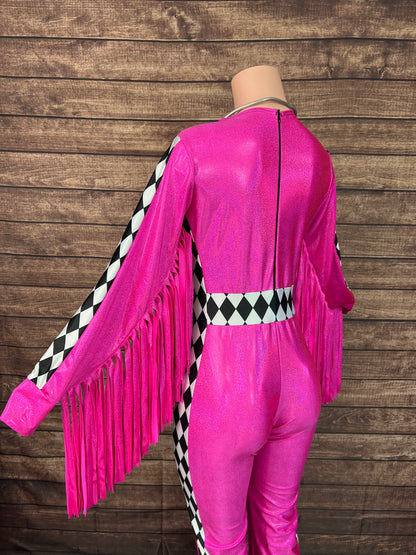 Neon Pink and Diamond Thunderbird Fringed Trick Rider Jumpsuit