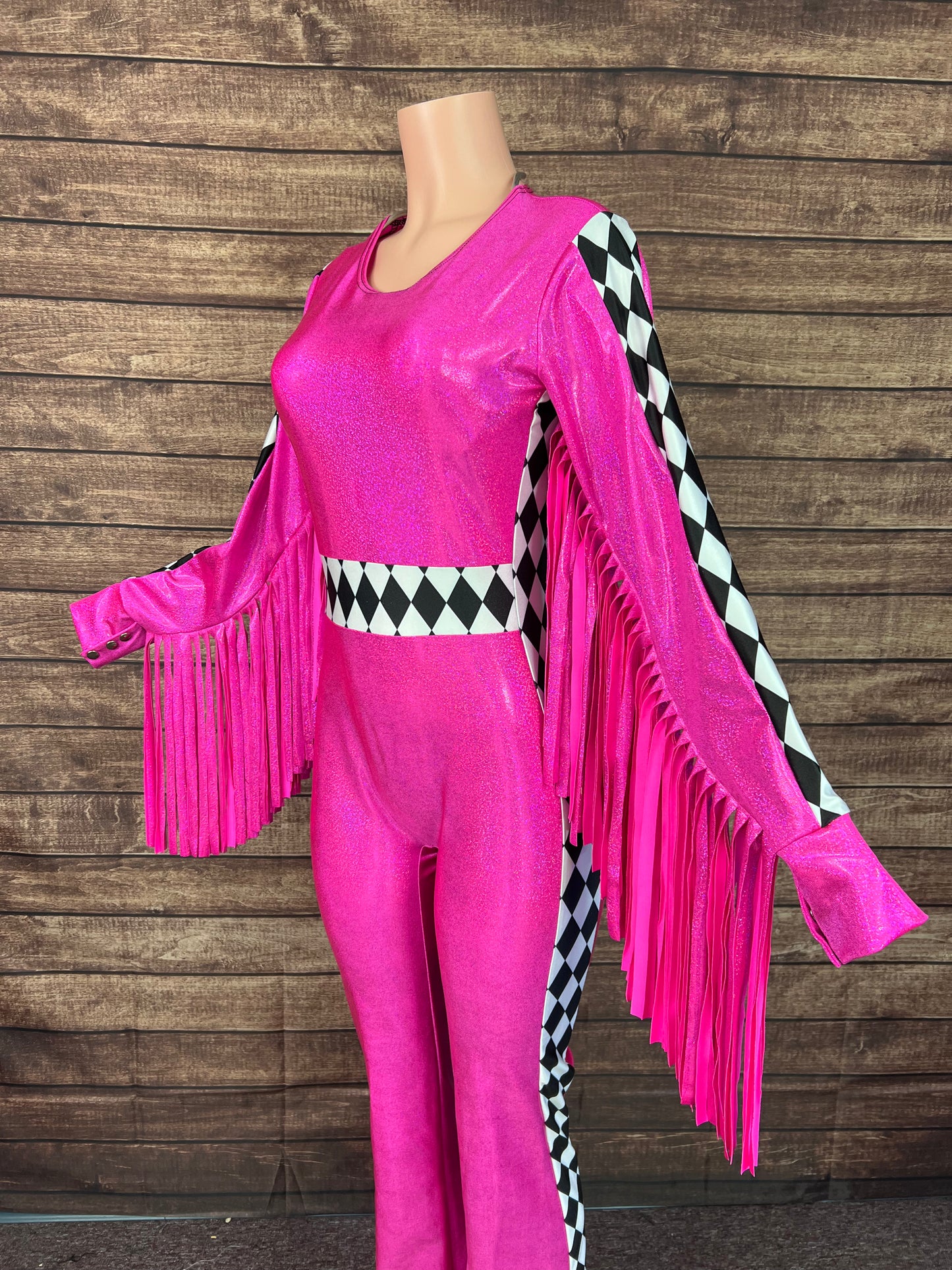 Neon Pink and Diamond Thunderbird Fringed Trick Rider Jumpsuit