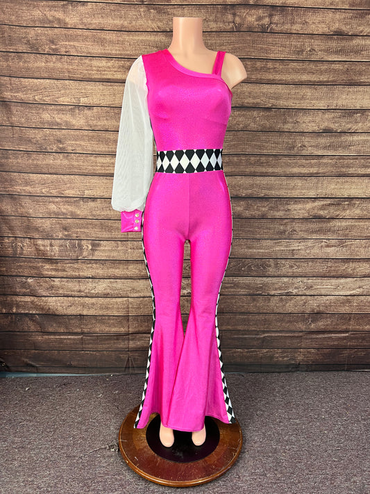 Neon Pink and Diamond One Sleeve Trick Rider Jumpsuit