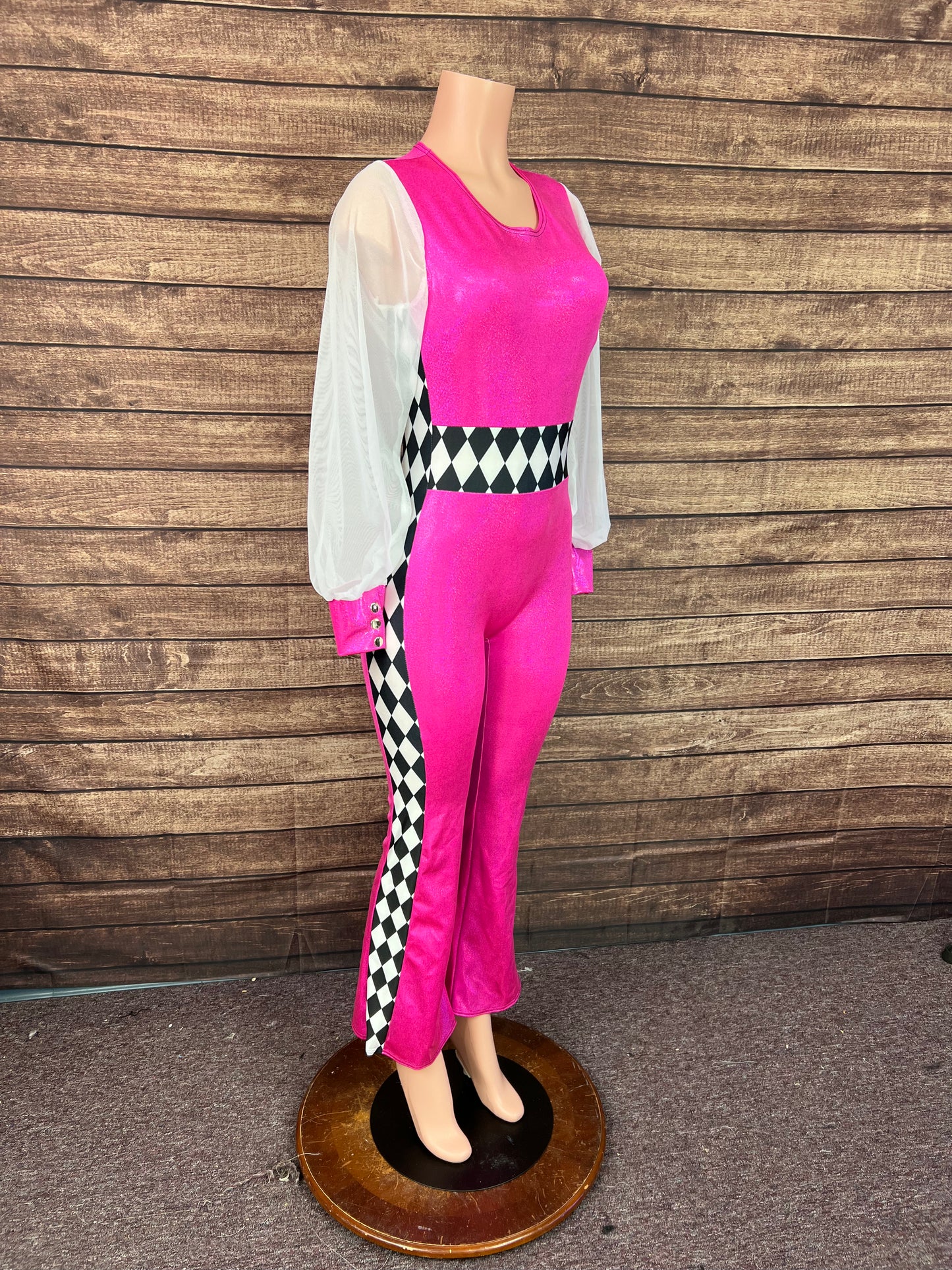 Neon Pink and Diamond Print, Puffed Mesh Sleeve Trick Rider Jumpsuit
