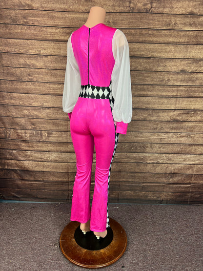 Neon Pink and Diamond Print, Puffed Mesh Sleeve Trick Rider Jumpsuit