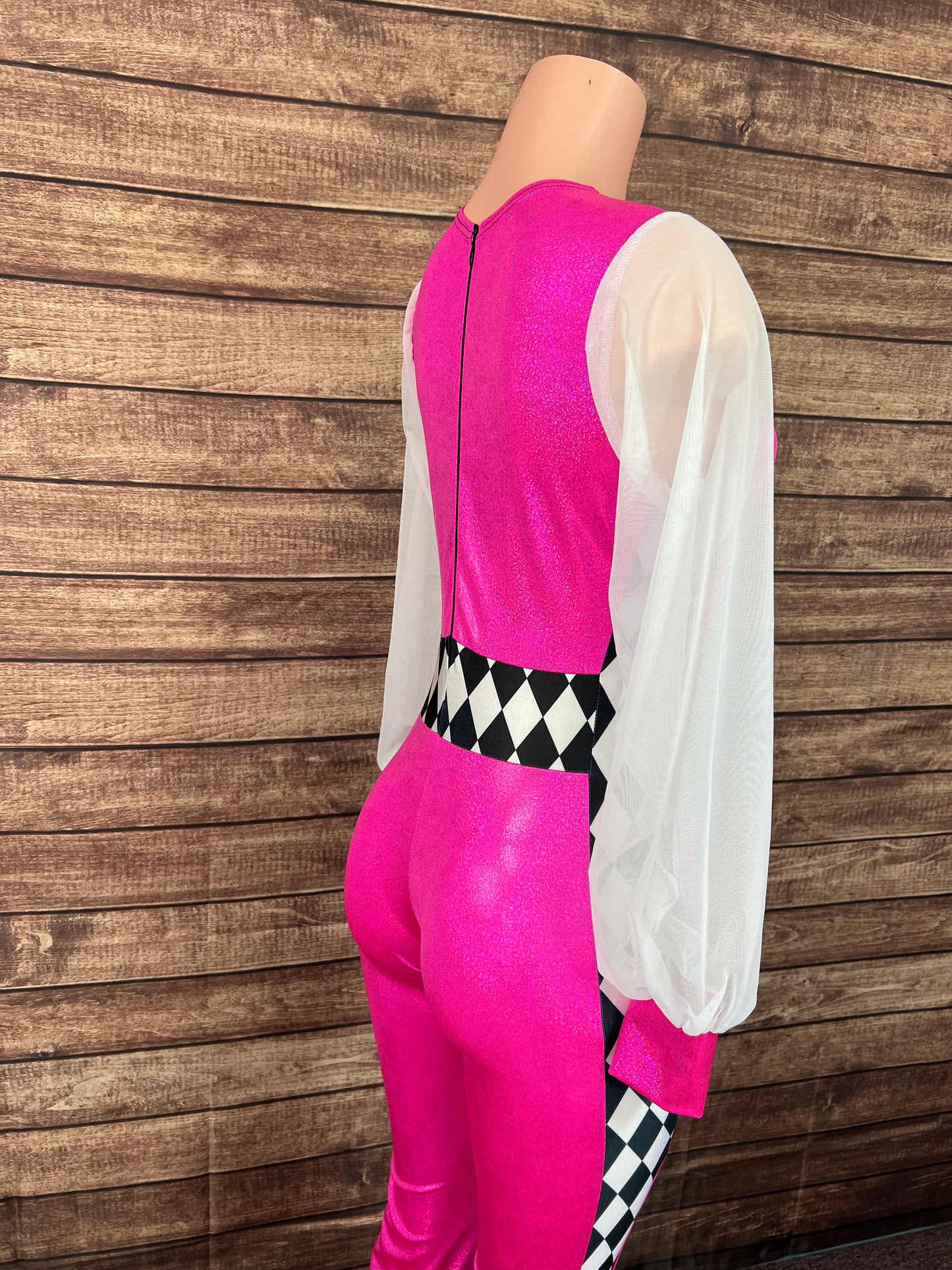 Neon Pink and Diamond Print, Puffed Mesh Sleeve Trick Rider Jumpsuit