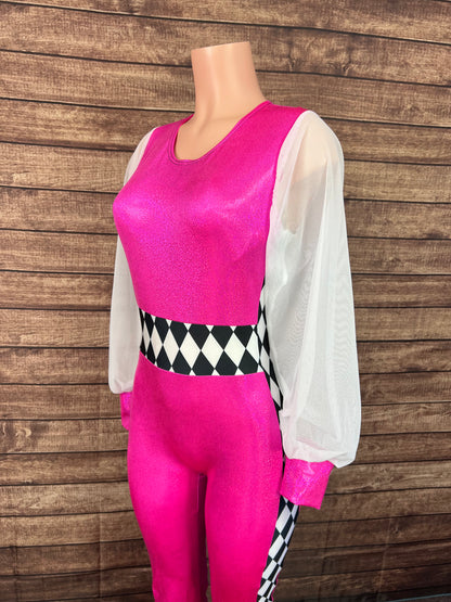 Neon Pink and Diamond Print, Puffed Mesh Sleeve Trick Rider Jumpsuit