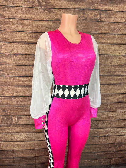 Neon Pink and Diamond Print, Puffed Mesh Sleeve Trick Rider Jumpsuit